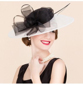 Ivory black patchwork sinamay linen handmade luxury event wedding party bridal bride large brim evening dresses church hats sun hats fedoras 